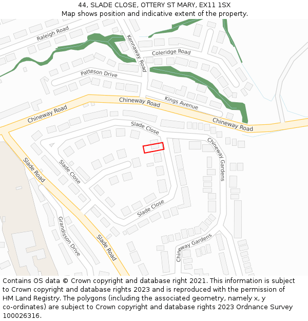 44, SLADE CLOSE, OTTERY ST MARY, EX11 1SX: Location map and indicative extent of plot