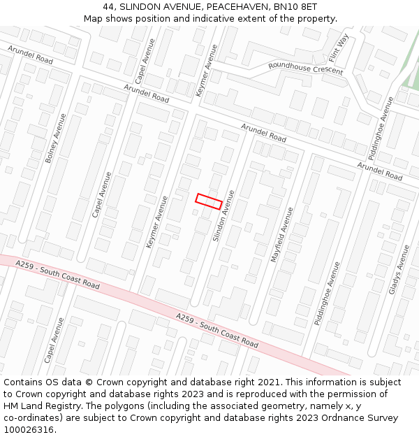 44, SLINDON AVENUE, PEACEHAVEN, BN10 8ET: Location map and indicative extent of plot