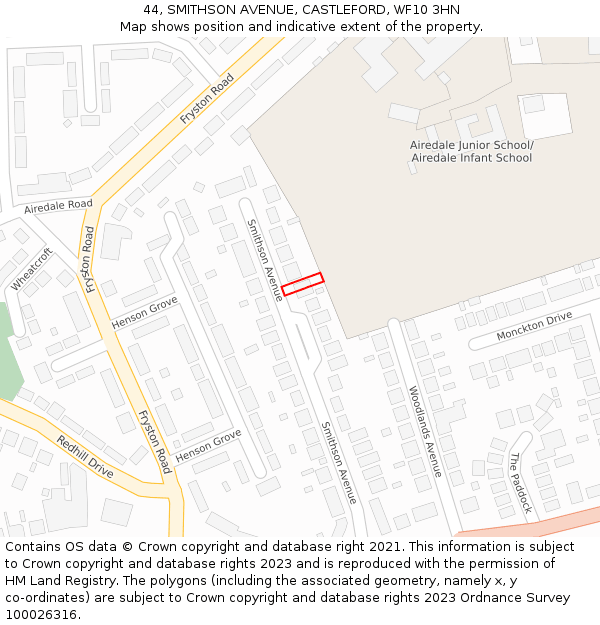 44, SMITHSON AVENUE, CASTLEFORD, WF10 3HN: Location map and indicative extent of plot