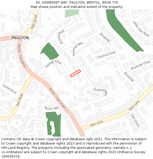 44, SOMERSET WAY, PAULTON, BRISTOL, BS39 7YX: Location map and indicative extent of plot