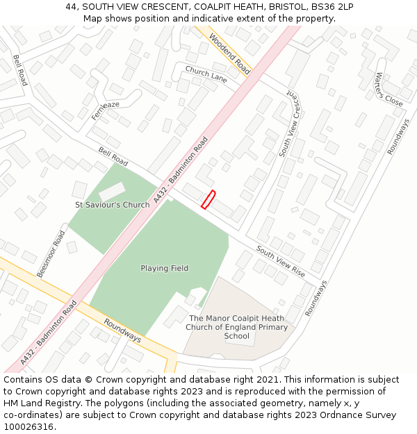 44, SOUTH VIEW CRESCENT, COALPIT HEATH, BRISTOL, BS36 2LP: Location map and indicative extent of plot