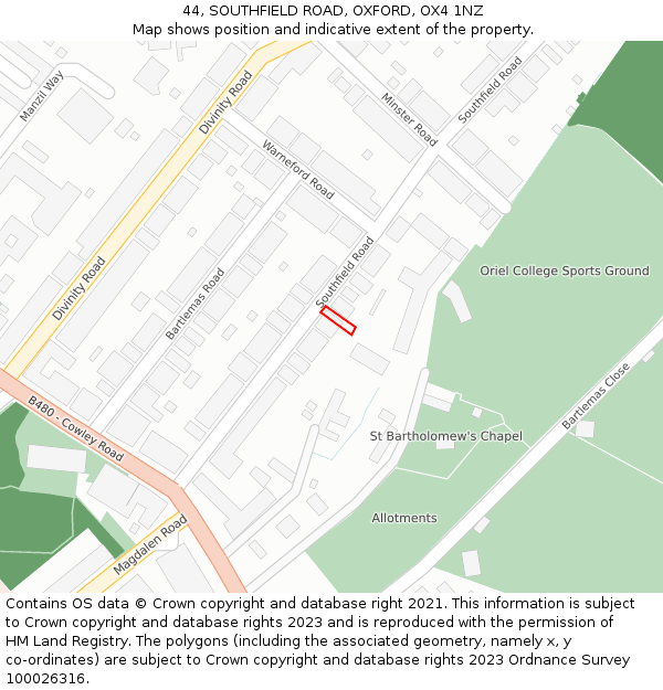 44, SOUTHFIELD ROAD, OXFORD, OX4 1NZ: Location map and indicative extent of plot