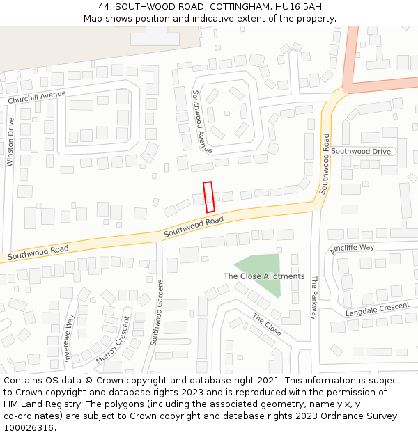 44, SOUTHWOOD ROAD, COTTINGHAM, HU16 5AH: Location map and indicative extent of plot