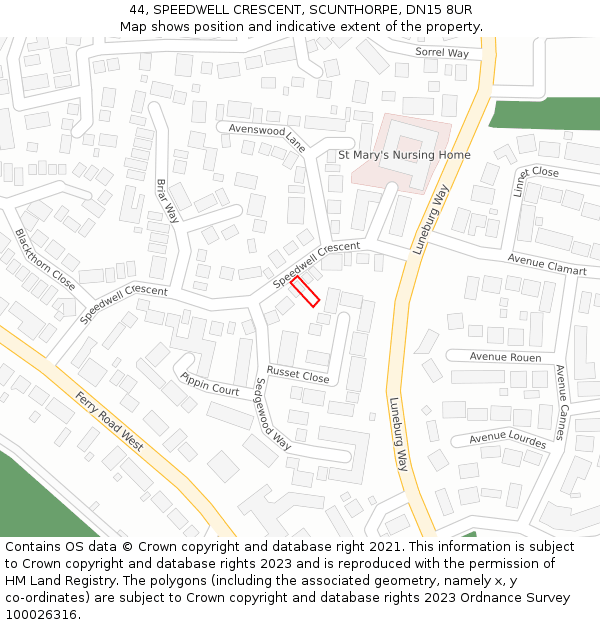 44, SPEEDWELL CRESCENT, SCUNTHORPE, DN15 8UR: Location map and indicative extent of plot