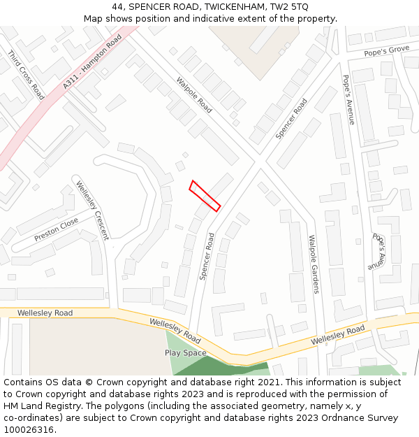 44, SPENCER ROAD, TWICKENHAM, TW2 5TQ: Location map and indicative extent of plot