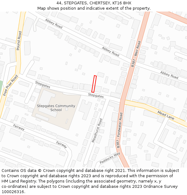 44, STEPGATES, CHERTSEY, KT16 8HX: Location map and indicative extent of plot