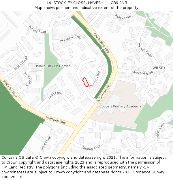 44, STOCKLEY CLOSE, HAVERHILL, CB9 0NB: Location map and indicative extent of plot