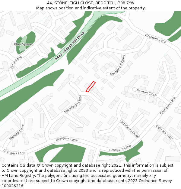 44, STONELEIGH CLOSE, REDDITCH, B98 7YW: Location map and indicative extent of plot