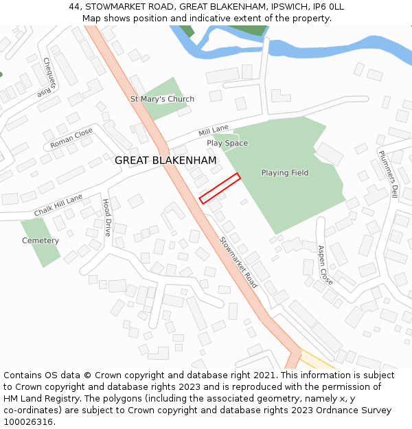 44, STOWMARKET ROAD, GREAT BLAKENHAM, IPSWICH, IP6 0LL: Location map and indicative extent of plot