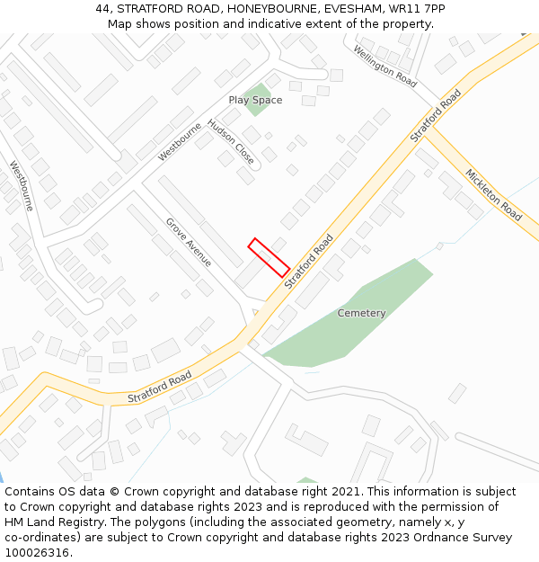 44, STRATFORD ROAD, HONEYBOURNE, EVESHAM, WR11 7PP: Location map and indicative extent of plot