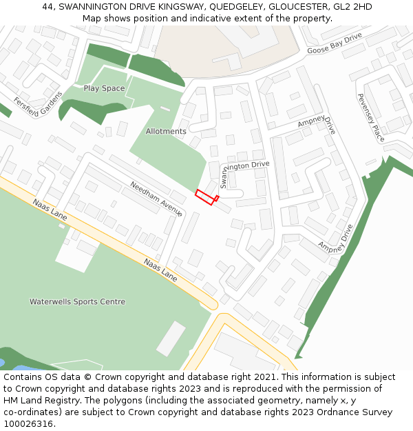 44, SWANNINGTON DRIVE KINGSWAY, QUEDGELEY, GLOUCESTER, GL2 2HD: Location map and indicative extent of plot