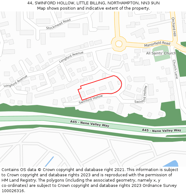 44, SWINFORD HOLLOW, LITTLE BILLING, NORTHAMPTON, NN3 9UN: Location map and indicative extent of plot