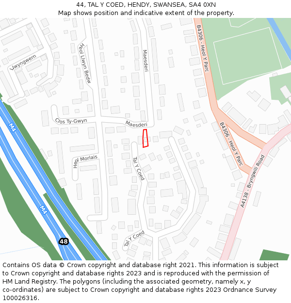 44, TAL Y COED, HENDY, SWANSEA, SA4 0XN: Location map and indicative extent of plot