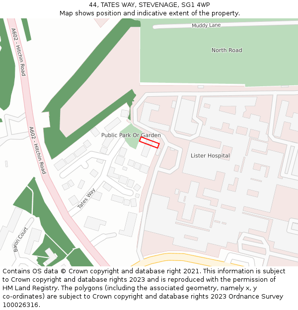 44, TATES WAY, STEVENAGE, SG1 4WP: Location map and indicative extent of plot