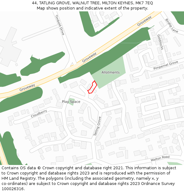 44, TATLING GROVE, WALNUT TREE, MILTON KEYNES, MK7 7EQ: Location map and indicative extent of plot