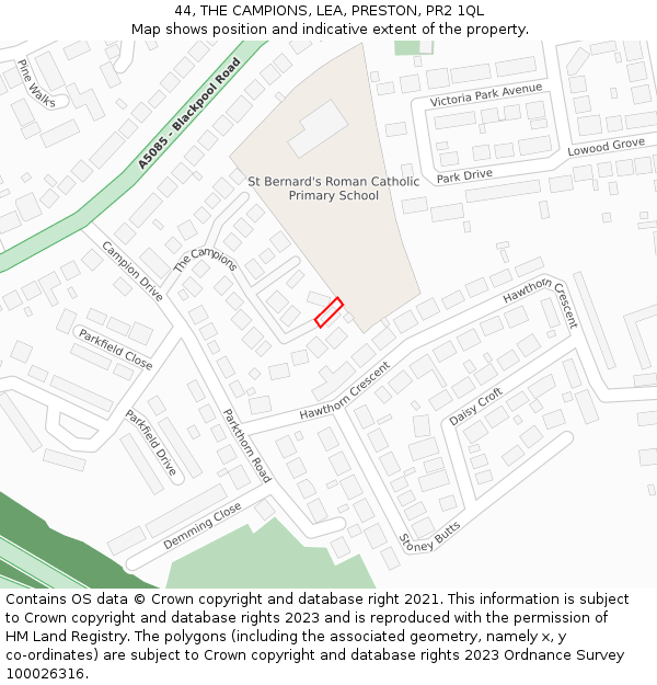 44, THE CAMPIONS, LEA, PRESTON, PR2 1QL: Location map and indicative extent of plot