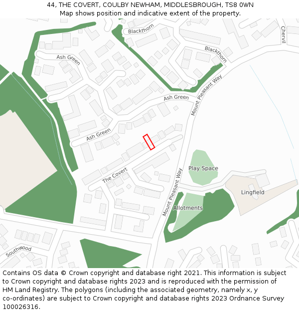 44, THE COVERT, COULBY NEWHAM, MIDDLESBROUGH, TS8 0WN: Location map and indicative extent of plot