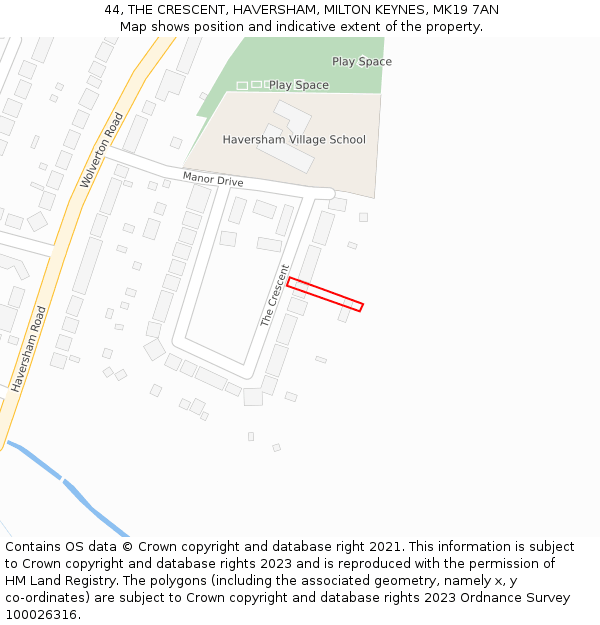 44, THE CRESCENT, HAVERSHAM, MILTON KEYNES, MK19 7AN: Location map and indicative extent of plot