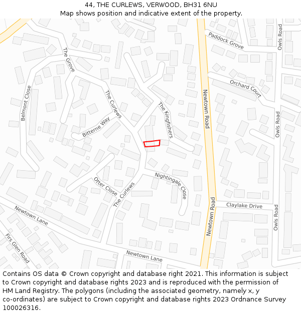 44, THE CURLEWS, VERWOOD, BH31 6NU: Location map and indicative extent of plot