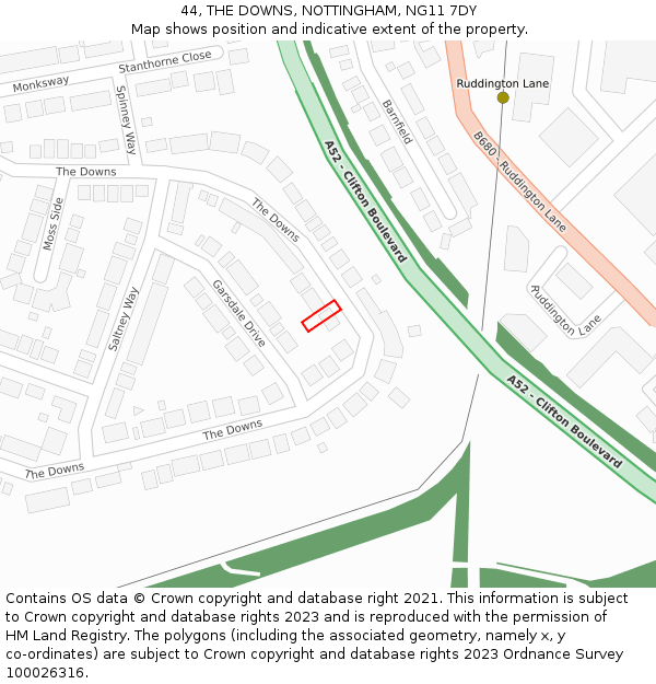 44, THE DOWNS, NOTTINGHAM, NG11 7DY: Location map and indicative extent of plot