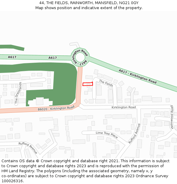 44, THE FIELDS, RAINWORTH, MANSFIELD, NG21 0GY: Location map and indicative extent of plot