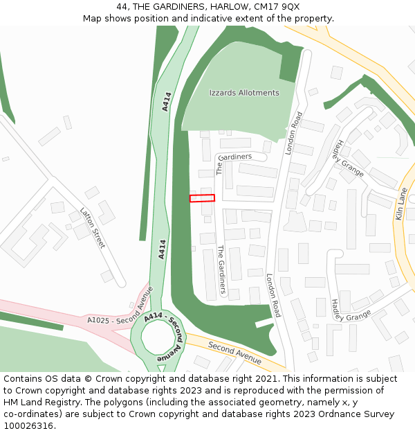 44, THE GARDINERS, HARLOW, CM17 9QX: Location map and indicative extent of plot