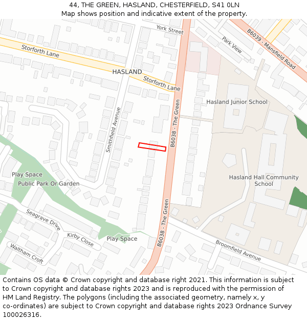 44, THE GREEN, HASLAND, CHESTERFIELD, S41 0LN: Location map and indicative extent of plot