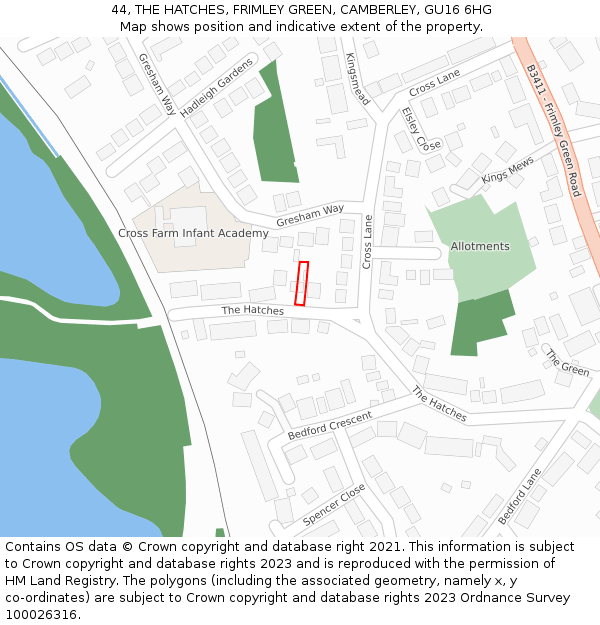 44, THE HATCHES, FRIMLEY GREEN, CAMBERLEY, GU16 6HG: Location map and indicative extent of plot