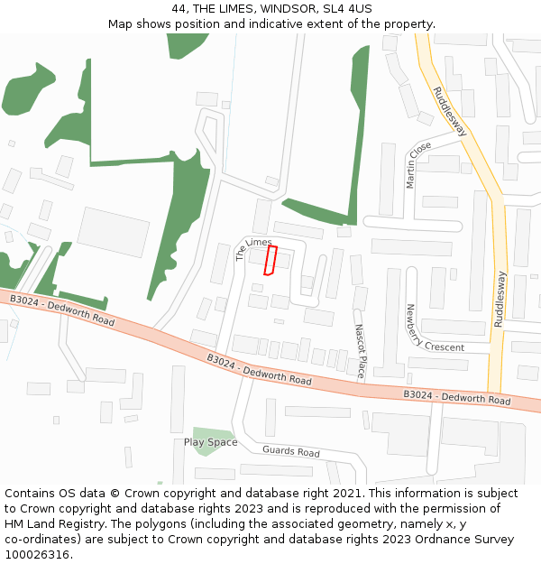 44, THE LIMES, WINDSOR, SL4 4US: Location map and indicative extent of plot