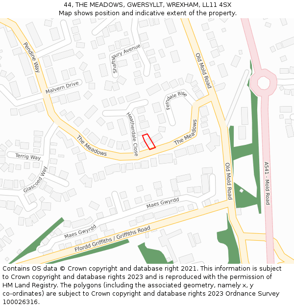 44, THE MEADOWS, GWERSYLLT, WREXHAM, LL11 4SX: Location map and indicative extent of plot