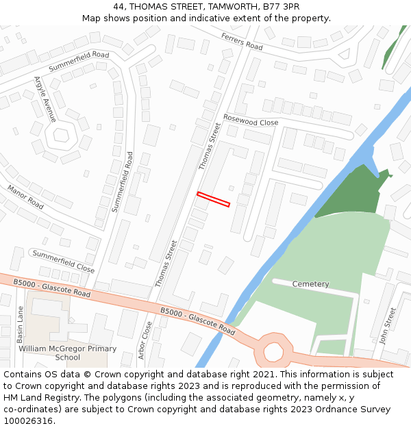 44, THOMAS STREET, TAMWORTH, B77 3PR: Location map and indicative extent of plot