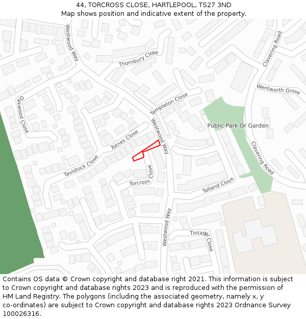 44, TORCROSS CLOSE, HARTLEPOOL, TS27 3ND: Location map and indicative extent of plot