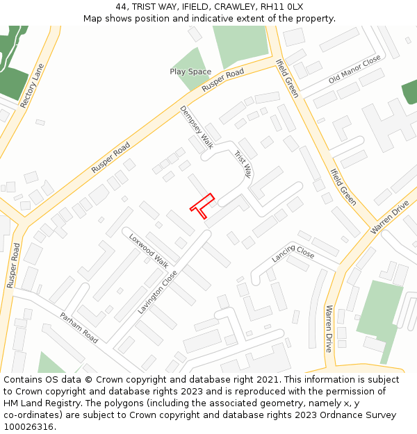 44, TRIST WAY, IFIELD, CRAWLEY, RH11 0LX: Location map and indicative extent of plot