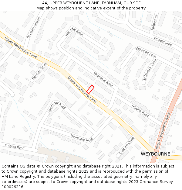 44, UPPER WEYBOURNE LANE, FARNHAM, GU9 9DF: Location map and indicative extent of plot