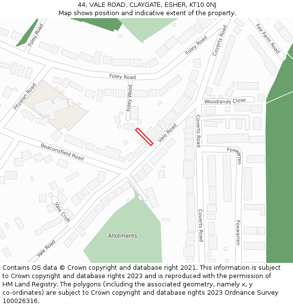 44, VALE ROAD, CLAYGATE, ESHER, KT10 0NJ: Location map and indicative extent of plot