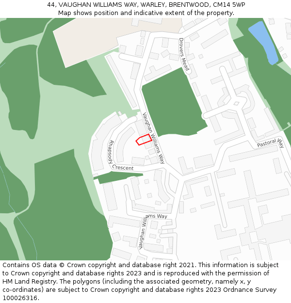 44, VAUGHAN WILLIAMS WAY, WARLEY, BRENTWOOD, CM14 5WP: Location map and indicative extent of plot