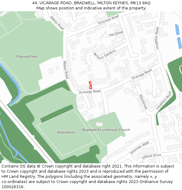 44, VICARAGE ROAD, BRADWELL, MILTON KEYNES, MK13 9AQ: Location map and indicative extent of plot