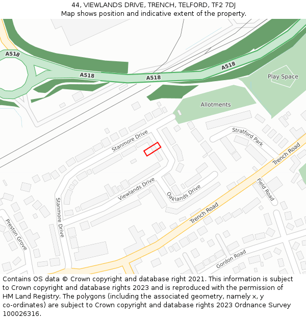 44, VIEWLANDS DRIVE, TRENCH, TELFORD, TF2 7DJ: Location map and indicative extent of plot