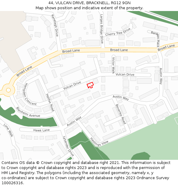 44, VULCAN DRIVE, BRACKNELL, RG12 9GN: Location map and indicative extent of plot