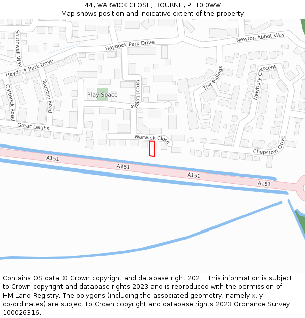 44, WARWICK CLOSE, BOURNE, PE10 0WW: Location map and indicative extent of plot