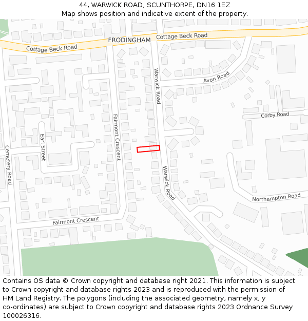 44, WARWICK ROAD, SCUNTHORPE, DN16 1EZ: Location map and indicative extent of plot