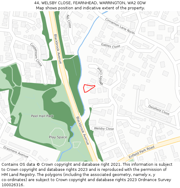 44, WELSBY CLOSE, FEARNHEAD, WARRINGTON, WA2 0DW: Location map and indicative extent of plot