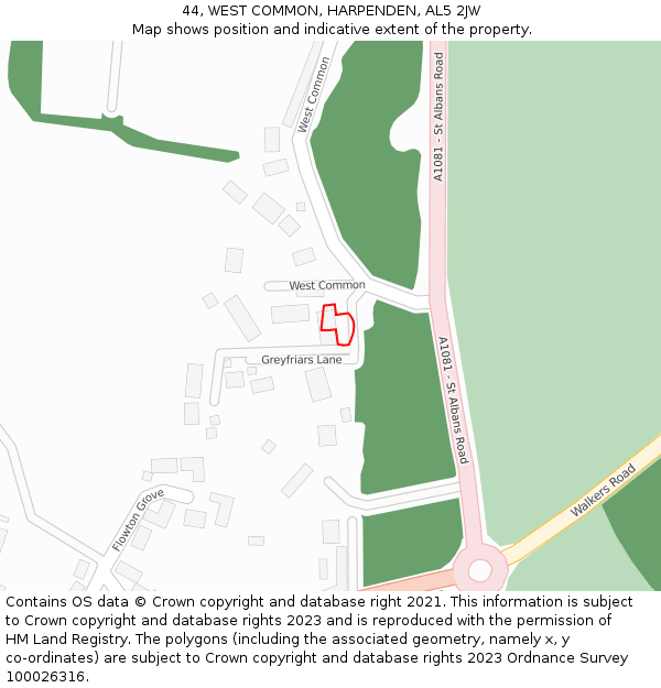 44, WEST COMMON, HARPENDEN, AL5 2JW: Location map and indicative extent of plot