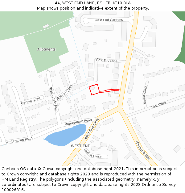 44, WEST END LANE, ESHER, KT10 8LA: Location map and indicative extent of plot