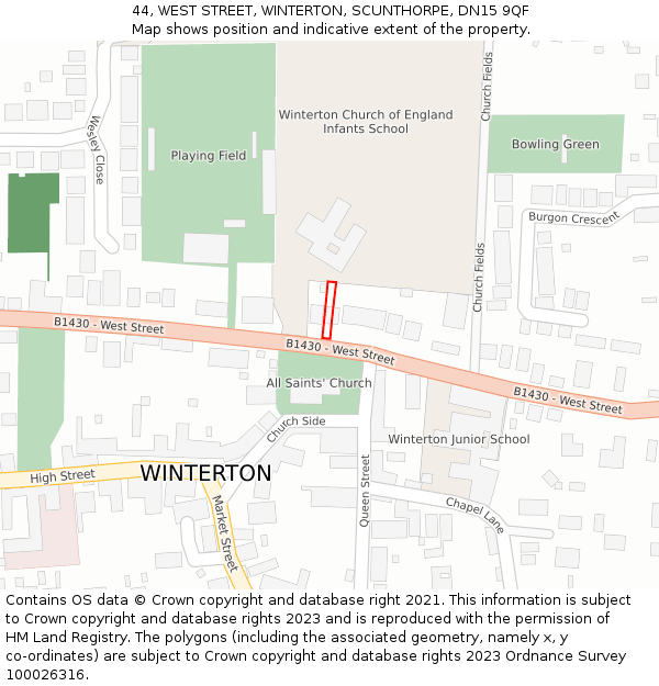 44, WEST STREET, WINTERTON, SCUNTHORPE, DN15 9QF: Location map and indicative extent of plot