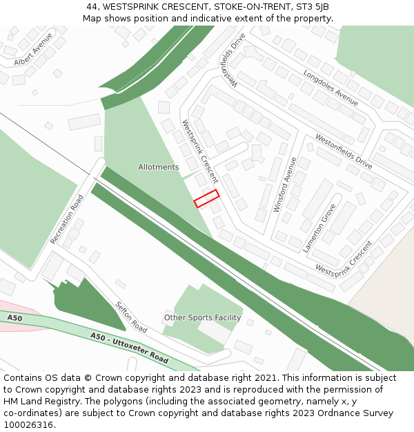 44, WESTSPRINK CRESCENT, STOKE-ON-TRENT, ST3 5JB: Location map and indicative extent of plot