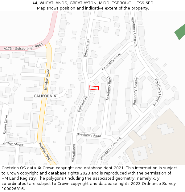 44, WHEATLANDS, GREAT AYTON, MIDDLESBROUGH, TS9 6ED: Location map and indicative extent of plot