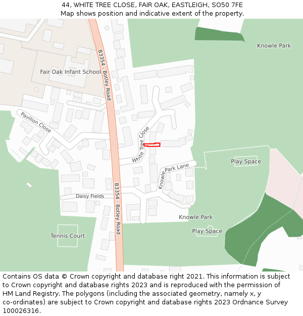 44, WHITE TREE CLOSE, FAIR OAK, EASTLEIGH, SO50 7FE: Location map and indicative extent of plot