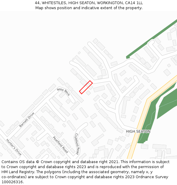 44, WHITESTILES, HIGH SEATON, WORKINGTON, CA14 1LL: Location map and indicative extent of plot