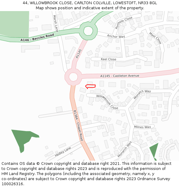 44, WILLOWBROOK CLOSE, CARLTON COLVILLE, LOWESTOFT, NR33 8GL: Location map and indicative extent of plot